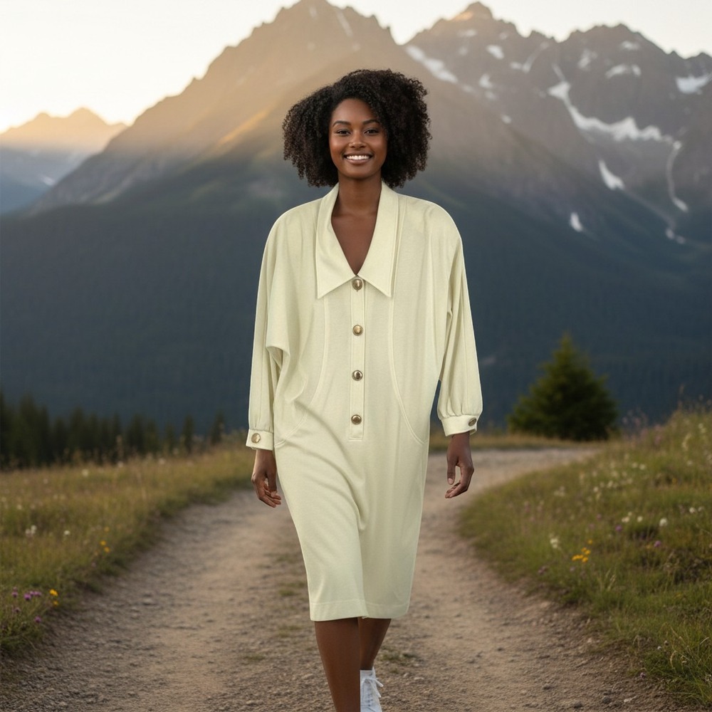 Caron Chicago Dress Womens‎ 16 Cream Gold Button Mod Vintage 80s Minimalist Chic